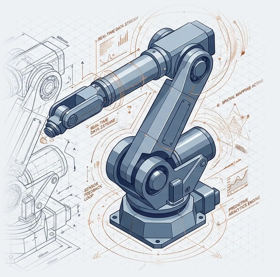 Blueprint-style illustration of an industrial robot arm beside its digital twin wireframe